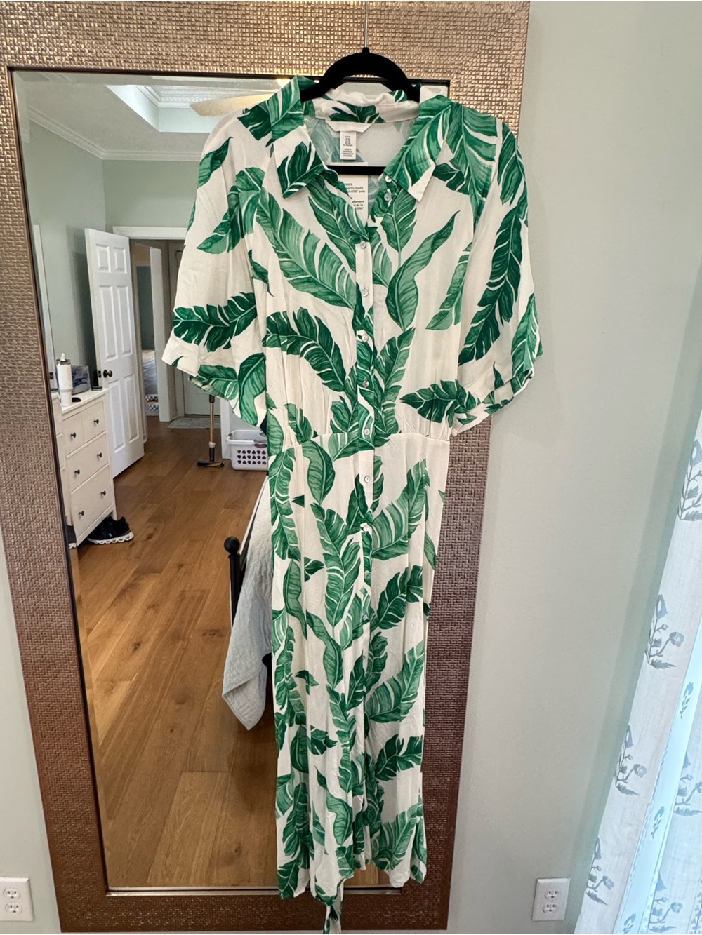 H&M White Maxi Dress with Green Leaf Print